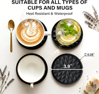 Silicone Drink Coasters Set of 4, Coaster for Desk | Prevents Condensation&Spills, Non-Slip, Reusable&Easy Clean, Diamond Pattern, Stylish Office&Home Decor, Gift Idea, Black3