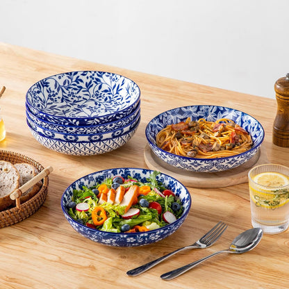 Selene 8.5" Pasta Bowls Set of 6, 40 Oz Porcelain Shallow Salad Bowls, Serving Bowls Large Kitchen Bowl Plates Pasta Plates, Blue & White Floral Design, Microwave Safe6