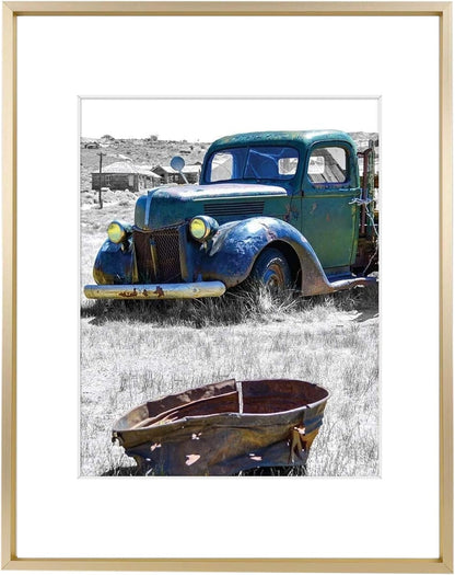 11X14 Gold Aluminum Frame, Real Glass, Mat Fits 8X101