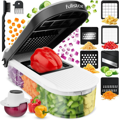 Pro Core Vegetable Chopper & Mandoline Slicer, Meal Prep Essential | 6 in 1 Veggie Slicer, Onion & Fruit Slicer with Julienne, Grater & Dicer Stainless Steel Blades + Container (White)1