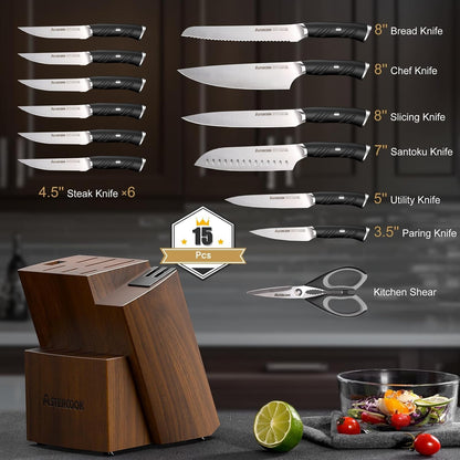 Knife Set, Kitchen Knives Set with Block and Dual Sharpener Full Tang 15 Pcs German Stainless Steel Knives Sharp Blade Dishwasher Safe Knife Set with Ergonomic Handle, Elegant Black6