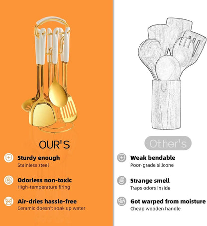 Stainless Steel Gold Kitchen Utensils Set with Holder, 7Pcs White4