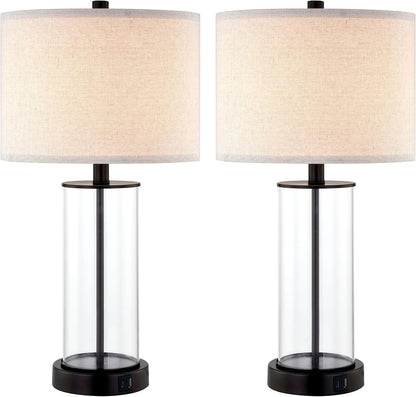 23'' Clear Glass Table Lamp Set of 2 Bedroom Lamps with USB Ports and AC Outlet Living Room Nightstand Lamp Bulbs Included8