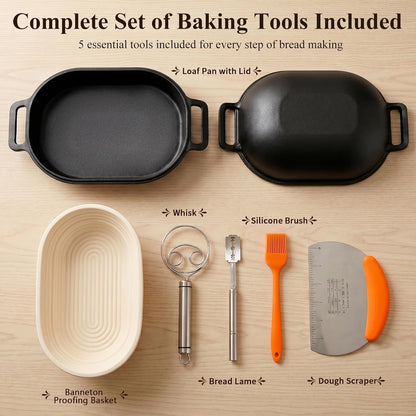 16"X10" Oval Cast Iron Dutch Oven for Bread Baking, Bread Loaf Pan with Sourdough Bread Making Kit, Pre-Seasoned Bread Dutch Oven with Lid, 9.5QT, 13 LBS Heavy Duty, Homemade Breadmaking3