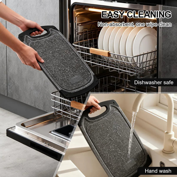 Plastic Cutting Boards Set of 3,BPA Free,Dishwasher Safe | Thick Chopping Boards for Kitchen with Deep Juice Grooves, Non‑Slip Feet, Easy Grip Handle, Grinding Area, Black7