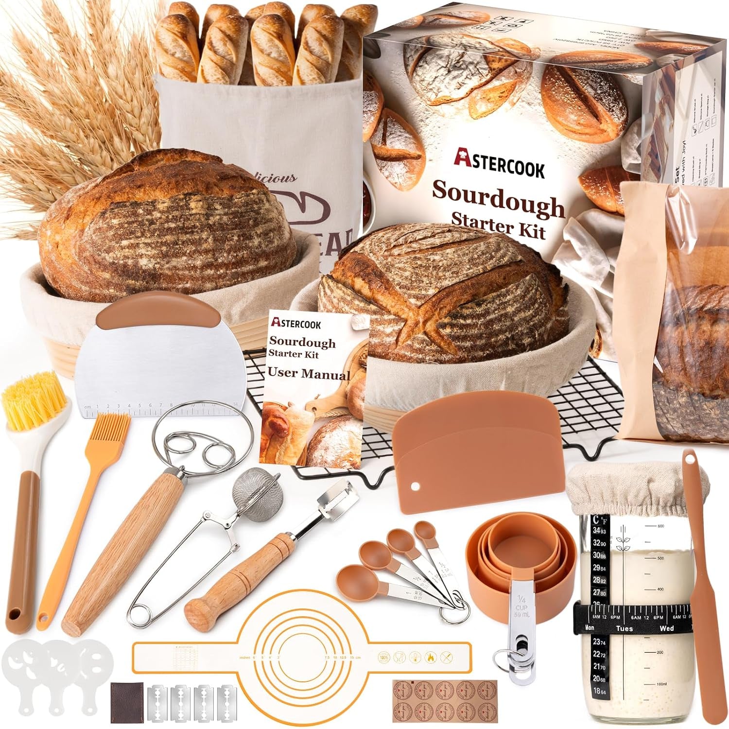 sourdough-starter-kit-with-round-oval-banneton-bread-proofing-basket-starter-jar-dough-whisk-scrapers-stencils-complete-sourdough-bread-baking-supplies-fathers-day-gift-for-men