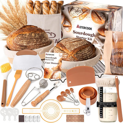 Sourdough Starter Kit with round & Oval Banneton Bread Proofing Basket, Starter Jar, Dough Whisk, Scrapers, Stencils, Complete Sourdough Bread Baking Supplies, Fathers Day Gift for Men1