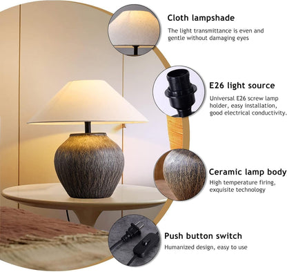 Rustic Farmhouse Table Lamp 20.8" Neutral Ceramic Table Lamp Brown White Checkered Ceramic with Linen Drum Shade Decor Bedside Nightstand for Living Room Bedroom (Large)4