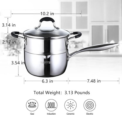 Tri-Ply Full Body Stainless Steel Sauce Pan with Steamer,1.5 Quart Small Multipurpose Pasta Pot with Strainer Glass Lid, Saucepan with Pour Spout for Cooking Stay-Cool Handle.6