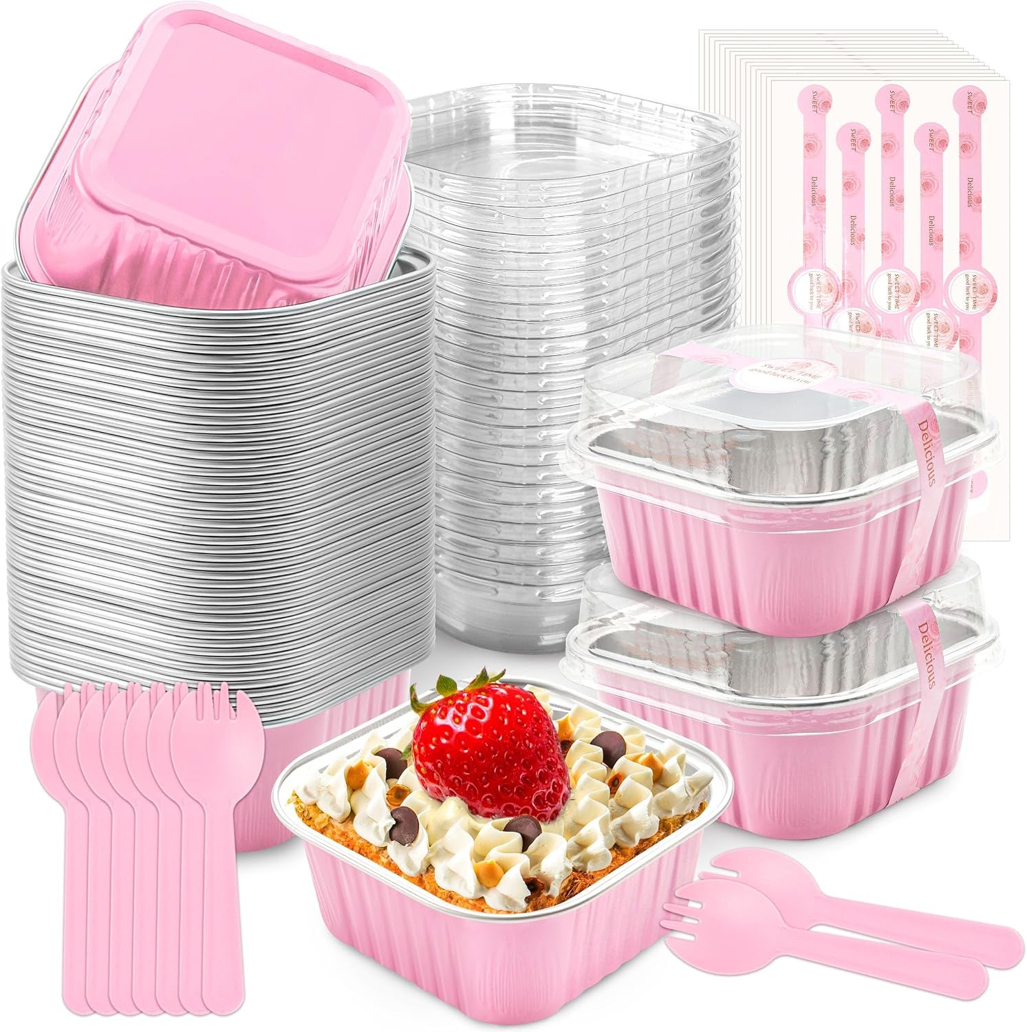 mini-cake-pans-with-lids-50-pack-pink-5oz-for-picnic-desserts-good-for-fudge-gelatin-desserts-baked-custard-and-cold-treats-clear-top-helps-buyers-see-the-finished-look