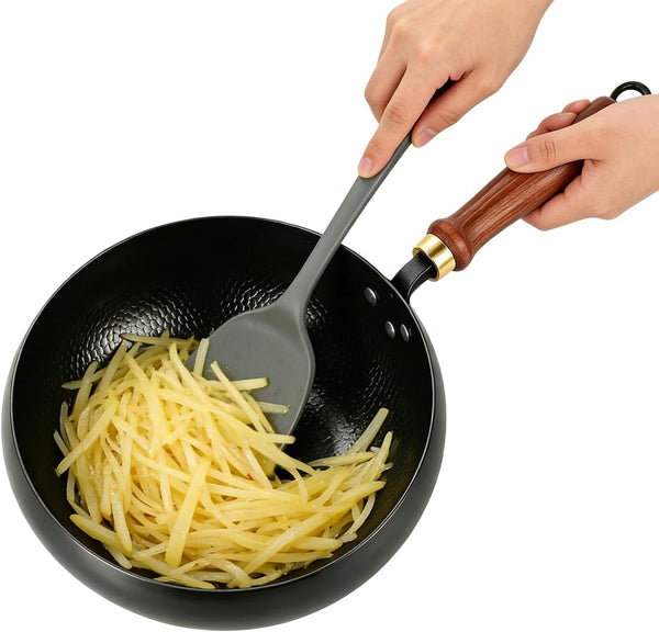 Fast-Heating Cast Iron Stir-Fry Pan Deep round Base with Wooden Handle-24Cm | Hand-Hammered Household Uncoated Cast Iron Wok, Uncoated Thick-Walled Cast Iron Potfor Stir-Fry, Sear, Braise.1