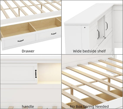 Full Size Corner Bed Frames with Storage Drawers, Bookcase, Charging Station, Led Downlight, Wooden L-Shaped Captain Daybed Platform for Small Room, Bedroom, Guest Room, Kids'Room, White6