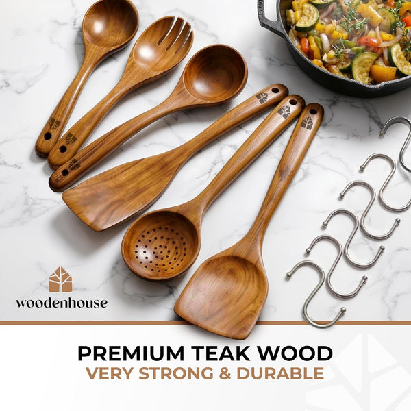 Wooden Spoons for Cooking 6 Pcs, Teak Wooden Utensil Set with Hanging Hooks2