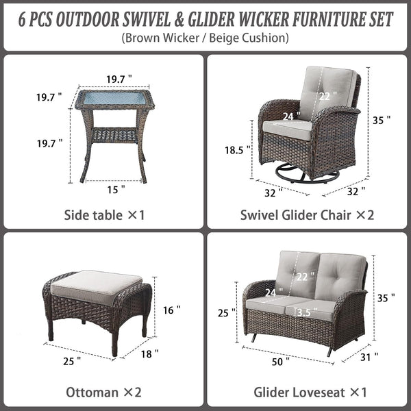 6 Pieces Wicker Patio Conversation Sets with Outdoor Swivel Rocker Chairs and Loveseat Glider Chair, All-Weather Rattan Furniture Set for Deck Patio Backyard Sunroom Brown2