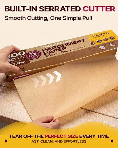Unbleached Parchment Paper Roll, 15In X 242Ft, 300 Sq.Ft, Non-Stick with Serrated Cutter for Baking, Cooking, Air Fryer | Heavy Duty Non-Stick Baking Paper with a Serrated Cutter for Baking, Cooking and Air Frying3