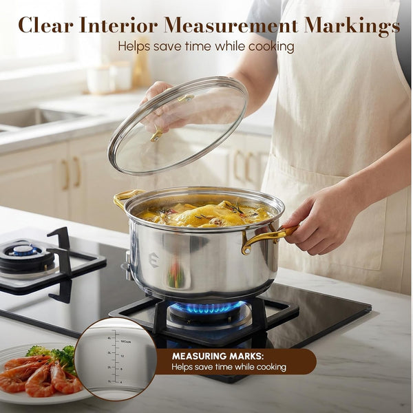 Stainless Steel Cookware Set, Tri-Ply Pots and Pans Set, 26 Piece Kitchen Cooking Utensils Set with Lids, Gold Grip Handles, Induction, Oven, Non-Toxic, Dishwasher Safe, Professional Chef Quality4