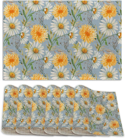 Daisy Placemats Set of 6 Linen Washable, Heat-Resistant 12X18 Inchyellow and White Flowers Plantstable Place Mats for Kitchen Dining for Home Party Holidays1