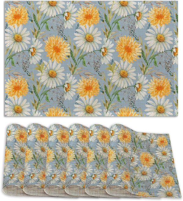 Daisy Placemats Set of 6 Linen Washable, Heat-Resistant 12X18 Inchyellow and White Flowers Plantstable Place Mats for Kitchen Dining for Home Party Holidays1