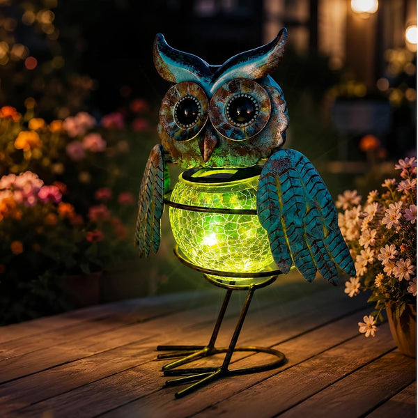 Solar Lights Outdoor Garden Owl Decor, Vibrant Blue Metal Owl Solar Light Waterproof with Glowing Crackle Glass Globe, Yard Art Statue for Lawn Porch Patio Garden Gifts1