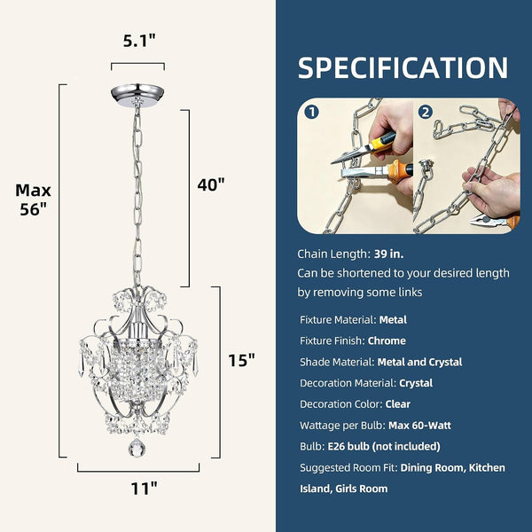 Amorette Mini Chandelier Chrome Crystal Chandeliers, 1 Light Modern Elegant Glam Ceiling Light Fixture Chrome, Adjustable Hanging Lighting for Closet, Bedroom, Girls Room, Kitchen Island6