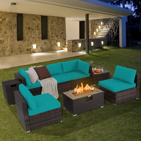 8 Piece Outdoor Wicker Sofa Set, Patio Rattan Conversation Set W/32” Propane Fire Pit Table & Tank Holder, 40,000 BTU Heat Output, Cozy Seat & Back Cushions, Fire Pit PVC Cover (Turquoise)2