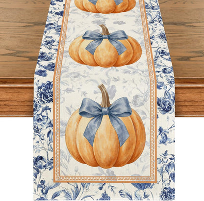 210 GSM Fall Table Runner Home Party Decor 13X72 Inch | Orange Pumpkin Bow Blue White Porcelain, Seasonal Kitchen Dining Table Decoration1