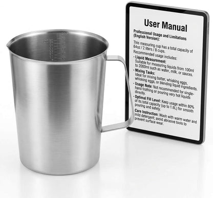 304 Stainless Steel Measuring Cup 64 OZ with OZ/ML Graduations, 8 Cup Kitchen Mixing Pitcher, Precision Engraved Markings, Container for Baking and Frothing, 2 Liter2