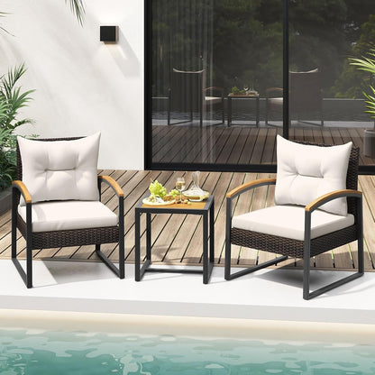 3 Piece Patio Conversation Set, Includes 2 Rattan Chairs and Coffee Table, Solid Acacia Wood Armrests & Tabletop, Outdoor Cushioned Wicker Furniture Set for Backyard, Poolside, Lawn, Garden3