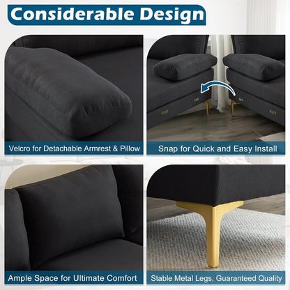 110" Modern Sectional Couch with 51" D Double Chaise, Black Deep Seat U Shaped Couch with Removable Pillows & Metal Legs, Comfy 4-Seat Sofas for Living Room, Linen Fabric6