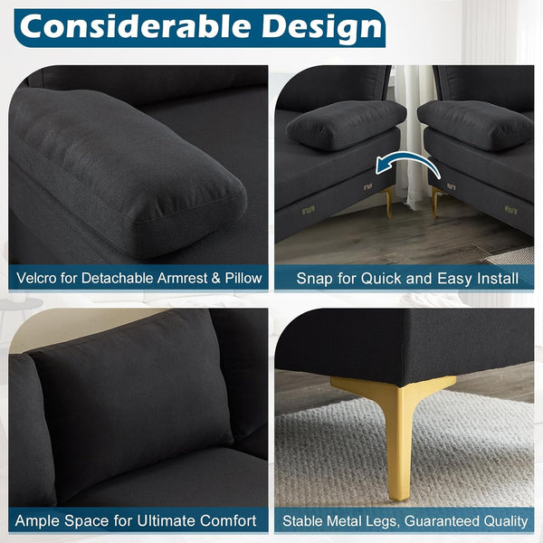 110" Modern Sectional Couch with 51" D Double Chaise, Black Deep Seat U Shaped Couch with Removable Pillows & Metal Legs, Comfy 4-Seat Sofas for Living Room, Linen Fabric6