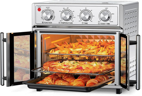 Plumchef 27.5 Quart Extra Large 6 Slices Air Fryer Convection Toaster Oven, French Door, 1700W, Multifunction Oven for Air Fryer, Toast, Grill, Defrost, Bake (Stainless Steel)1