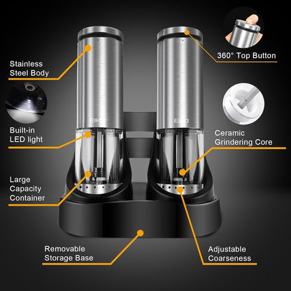 Electric Salt and Pepper Grinder Set USB Rechargeable, Upgraded External Adjustable Coarseness, Stainless Steel Automatic Salt and Pepper Shakers Mills with LED Light, House Warming Cooking Gifts6