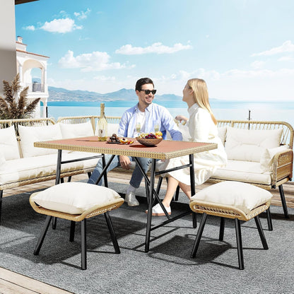 L-Shaped Rattan Patio Furniture Set Light Brown Beige2