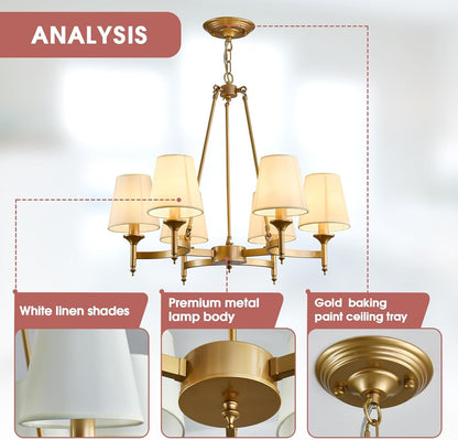 Gold Wagon Wheel Chandelier with White Linen Shade 6-Light Industrial Ceiling Light Fixture 26.8Inch Large Farmhouse Hanging Pendant Light for Dining Living Room Kitchen Bedroom Entryway Foyer3