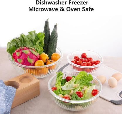 Glass Mixing Bowls with Lids Set of 3(3.7QT, 2.1QT, 1.1Qt),Large Kitchen Salad Bowls, Space-Saving Nesting Bowls, Clear Glass Serving Bowls for Cooking,Baking,Prepping,Dishwasher Safe7