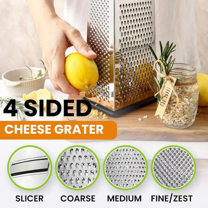 Stainless Steel Cheese Grater, Large Box Grater for Kitchen | 4 Sided Handheld Vegetable Shredder, Kitchen Food Grater for Cheese, Potato, Carrot, Ginger, Veggie, Dishwasher Safe6