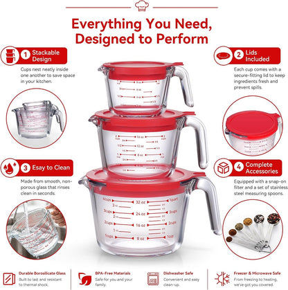 10 Pack Glass Measuring Cup Set with Lids, Stackable Handled Liquid Cups in 1, 2, 4 Cup Sizes, Comes with 6 Size Measuring Spoons and Strainer, Kitchen Nesting Baking Measuring Tools4