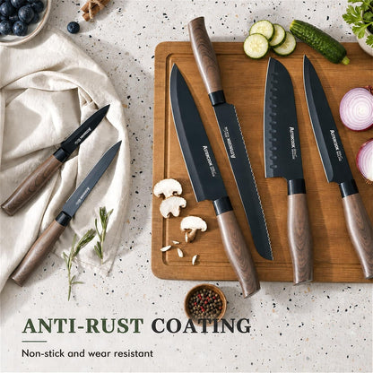 Knife Set, 13-Piece Kitchen Knives Set with 6 Blade Guards, Black Anti-Rust & Non-Stick Coating, Dishwasher Safe Stainless Steel Knives, Ergonomic Handle, Perfect for Holiday Gifts6
