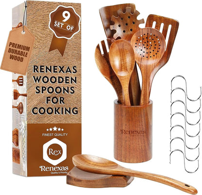 Kitchen Utensils Set, 9 Piece Teak Wooden Utensil Set for Cooking, Premium Teak Cooking Utensils, Non Toxic Wooden Spoons & Spatulas, Heat Resistant Kitchen Tools for Nonstick Cookware1
