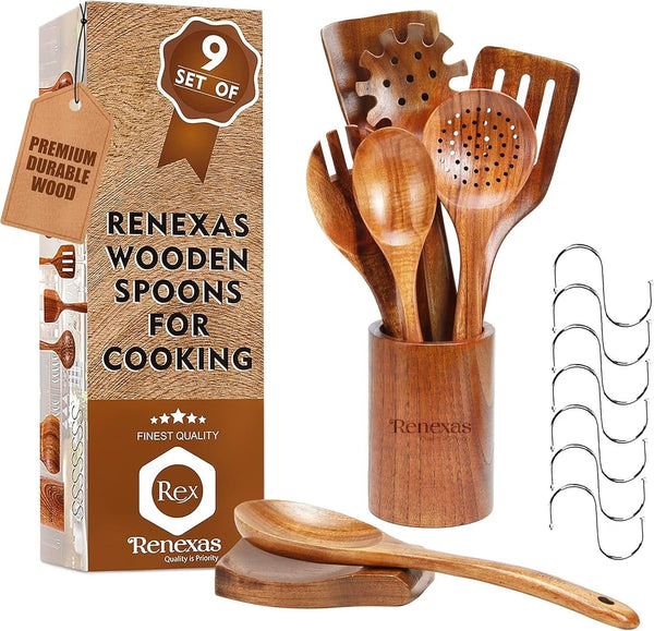Kitchen Utensils Set, 9 Piece Teak Wooden Utensil Set for Cooking, Premium Teak Cooking Utensils, Non Toxic Wooden Spoons & Spatulas, Heat Resistant Kitchen Tools for Nonstick Cookware1