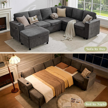 107 Inch Modular Sectional Sofa with Pull Out Bed, 7 Seat U Shaped Sectional Sleeper Sofa with Storage Ottoman, USB Port & 6 Pillows, Family Modular Couch, Sectional Couches for Living Room, Grey4