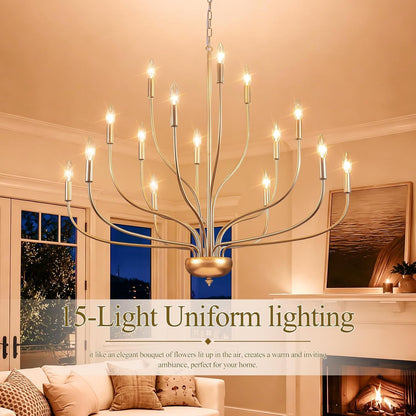 Brass Gold Chandelier, 15-Light Vintage Large Candle Style Chandelier Lighting, 37.4" Modern Farmhouse Dining Room Chandelier Light Fixture for Living Room Foyer Entryway High Ceiling Staircase6