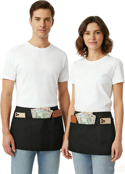 Waist Apron with 3 Pockets - Black Waitress Waiter Server Short Aprons3