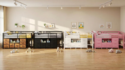 Low Loft Bed Twin Size with 8 Storage Drawers, Twin Loft Bed with Bookcase, Metal Kids Loft Bed with 13" H Safety Guardrail, Under-Bed Play Space and Play Curtain for Kids, Rustic Brown8