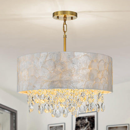 D18In Drum Capiz Shell Crystal Chandeliers, 4-Light Coastal Style Light Fixture for Dining Room, Living Room, D18X21~68"(Adjustable), K9 Crystal, Shell Lampshade & Gold Finish4