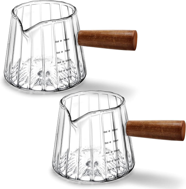 2 PCS Espresso Measuring Cup 6 Oz, Espresso Glass Cups with Wood Handle, Milk Frothing Cup, Espresso Cup for Coffee, Milk, Tea or Maple Syrup Serving1