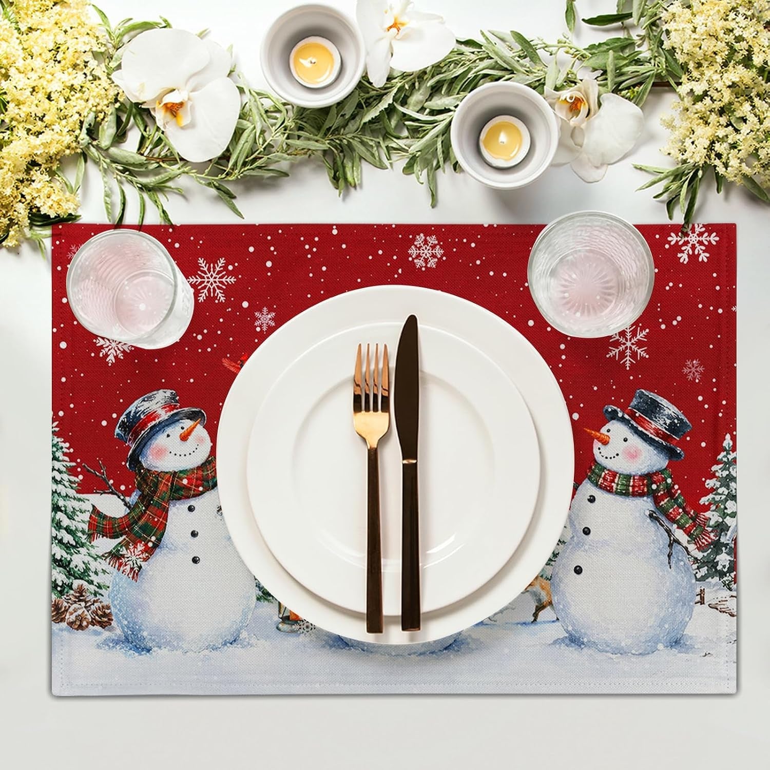 christmas-snowman-placemats-set-of-4-12x18in-xmas-green-trees-red-birds-linen-place-mat-winter-snowflakes-heat-resistant-washable-table-mats-for-kitchen-dining-seasonal-new-year-decor