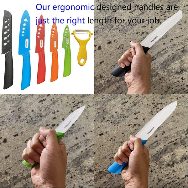 Ceramic Knife Set Ceramic Knives Set for Kitchen Knives Colored W Sheath 6" Bread Knife 6" Chef Knife 5" Utility Knife 4" Fruit Knife 3" Paring Knife 1 Peeler Colorful Rust Free Proof8