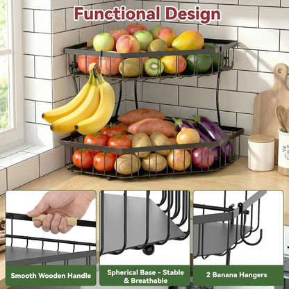 2 Tier Fruit Basket for Kitchen Counter with 2 Banana Hangers for Corner | Detachable Metal Fruit Bowl with Wooden Handle, Large Capacity Fruit Stand for Bread Fruit and Vegetable Storage, Black4