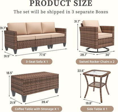 Patio Furniture Set, 5 Pieces Outdoor Conversation Sets with Rocking Swivel Chairs, Wicker Rattan Outdoor Sofa Set with Storage Table and Waterproof Covers for Backyard, Deck, Porch, Khaki3